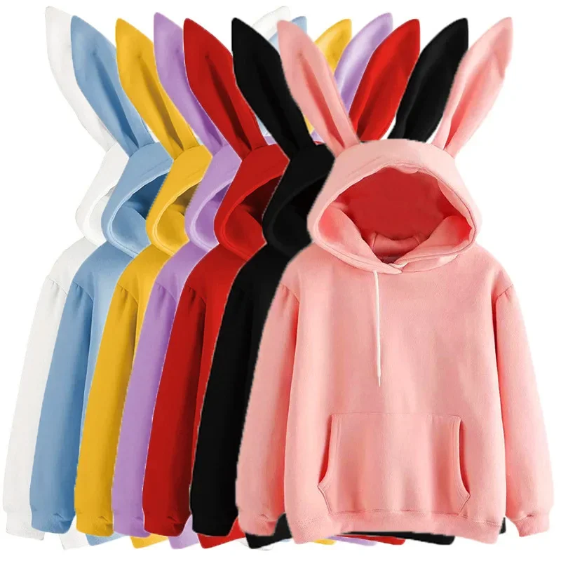 Top Trends: 2023 Autumn And Winter New Women's Harajuku Hooded Rabbit Sweater Solid Color Loose Casual Women's Top Shoppable Styles