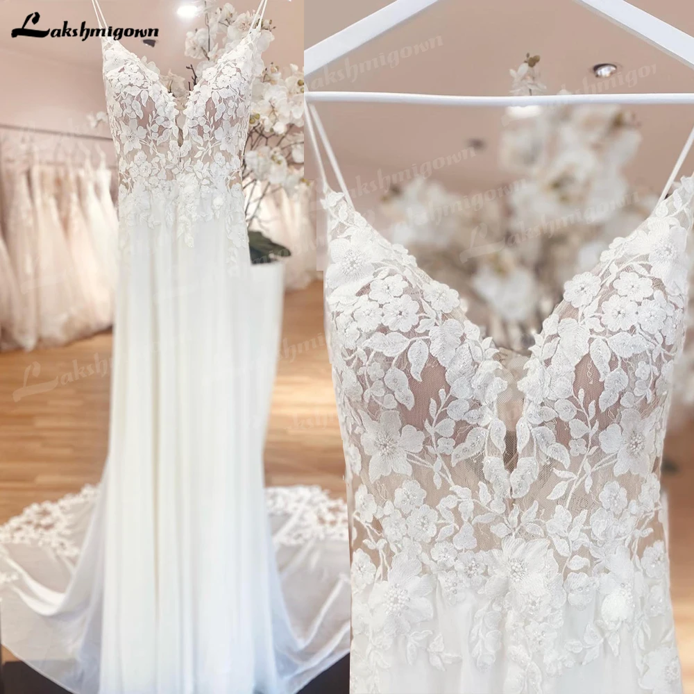 Top Trends: Spaghetti Straps Boho Lace Wedding Dress V Neck Lace Appliqued Chiffon Backless A Line Beach Bridal Gown Robe De Mariée Shoppable Styles