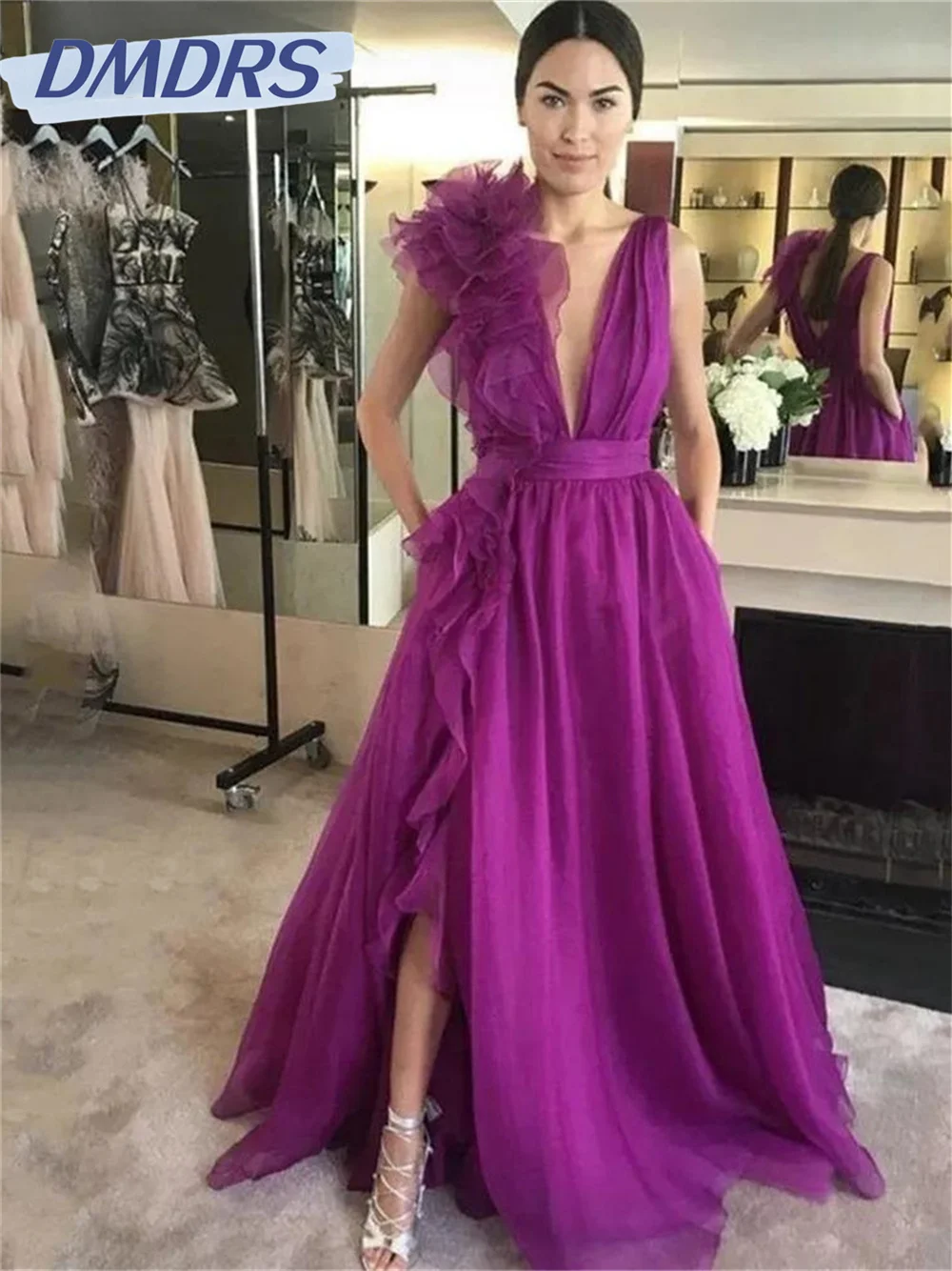 Top Trends: Sexy A-line Prom Dresses 2024 For Women Side Split Deep V-neck Formal Evening Dress Tulle Prom Gown De Novia Shoppable Styles