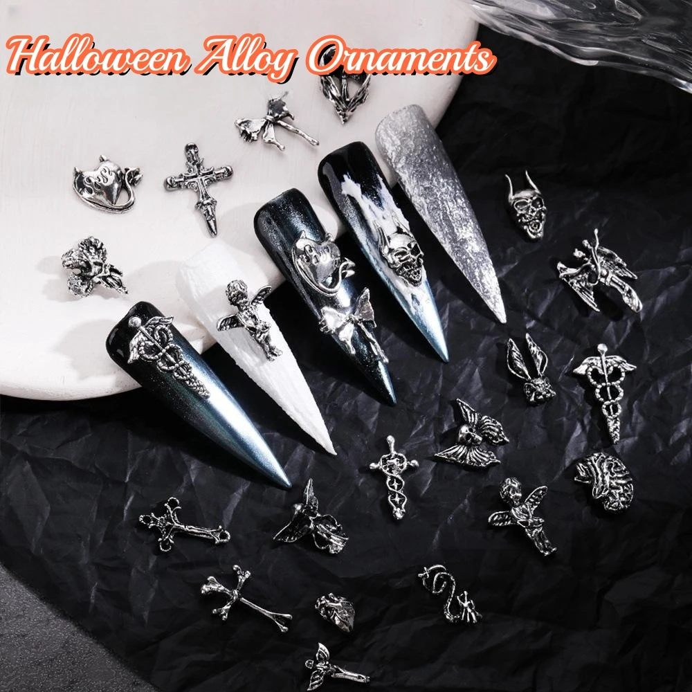 Top Trends: 3D Halloween Retro Cross Nail Art Accessories Alloy Silver Ghost Head Skull Angel Dragon Heart DIY Nail Decoration Accessories Shoppable Styles