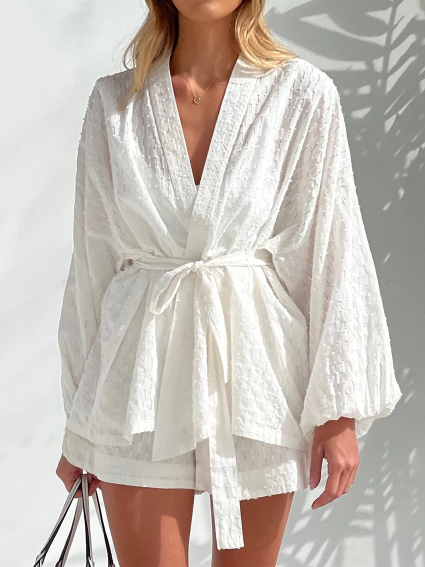 Top Trends: Marthaqiqi White Cotton Pajamas For Women Casual Long Sleeve Lace-Up Robes With Shorts Set Jacquard Weave Pajama Sets Sleepwear Shoppable Styles