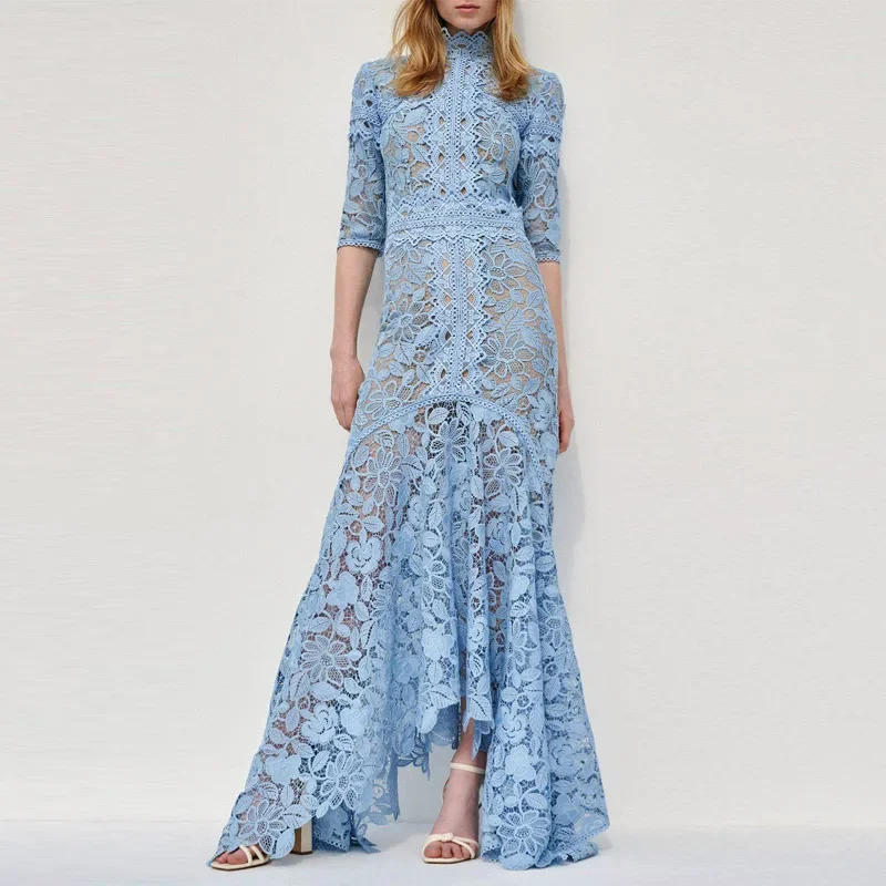 Top Trends: Yujie Light Mature Style Blue Lace Skirt Irregular Dress High Low Style Slim Long Skirt Dress Fashionable Dresses Shoppable Styles