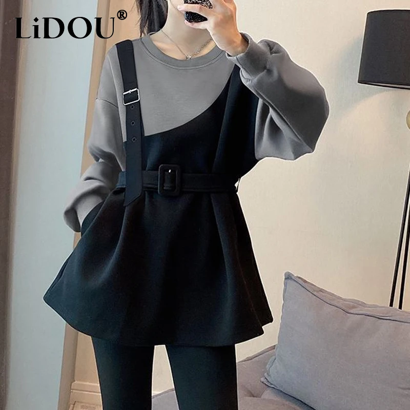 Top Trends: 2023 Spring Autumn New Round Neck Long Sleeve Contrast Color Patchwork Fashion Sweater Women Cotton Fake Two Pieces Casual Tops Shoppable Styles