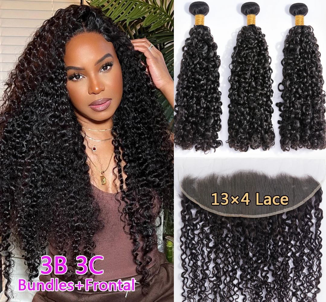 Top Trends: Brazilian 3B 3C Spirals Curly Bundles With Frontal 10A Pixie Curl Virgin Human Hair Extension Kinky Curly Weave With Closure Shoppable Styles