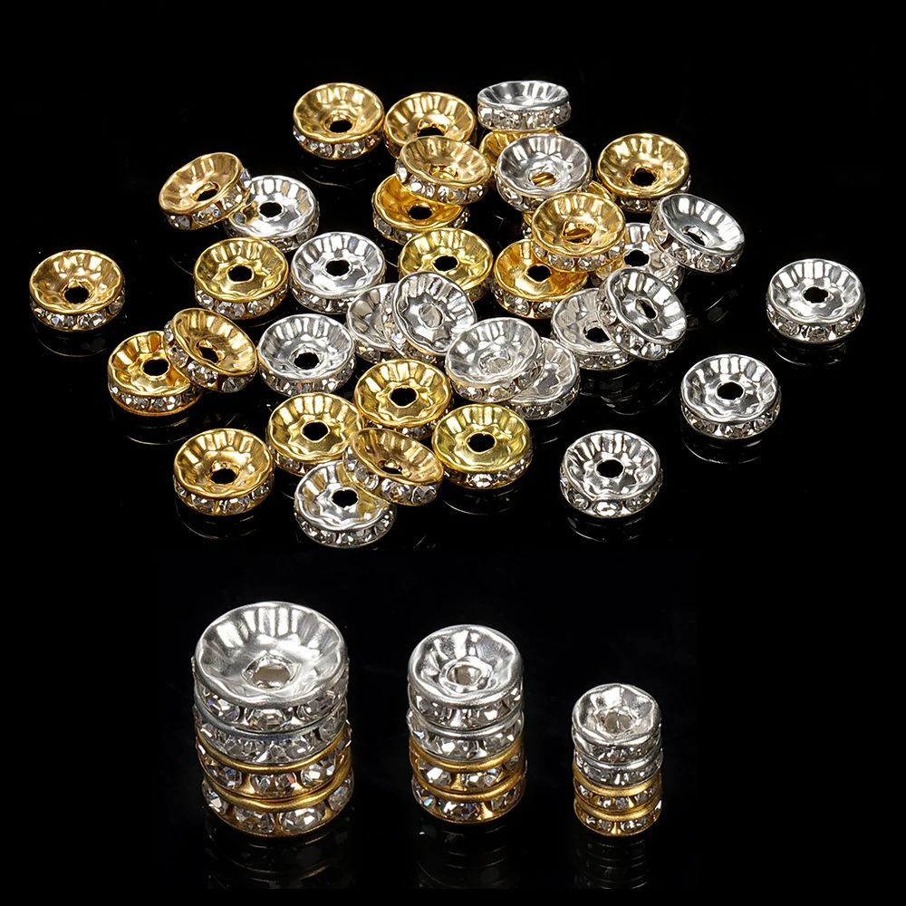 Top Trends: 100pcs 4 / 6 / 8 / 10mm Gold Silver Rhinestone Rondelles Crystal Beads Round Loose Spacer Beads For Jewelry Making DIY Accessories Shoppable Styles