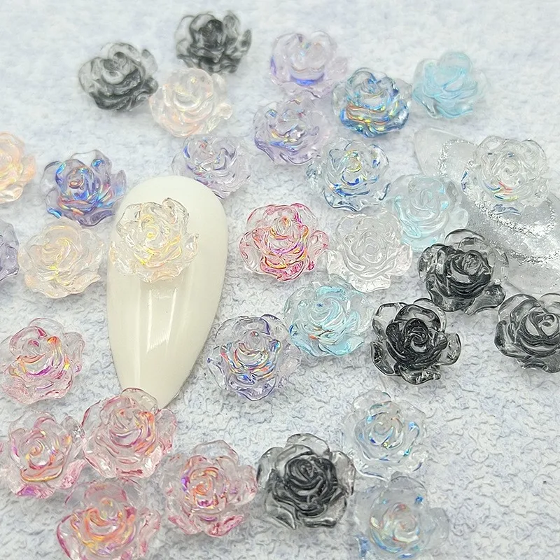 Top Trends: 100Pcs / Lot Aurora Camellia Rhinestone Nail Jewelry 3D Acrylic Resin Flowers Nail Charms 6 / 8mm Rose Polish Accessories Nail Decor Shoppable Styles