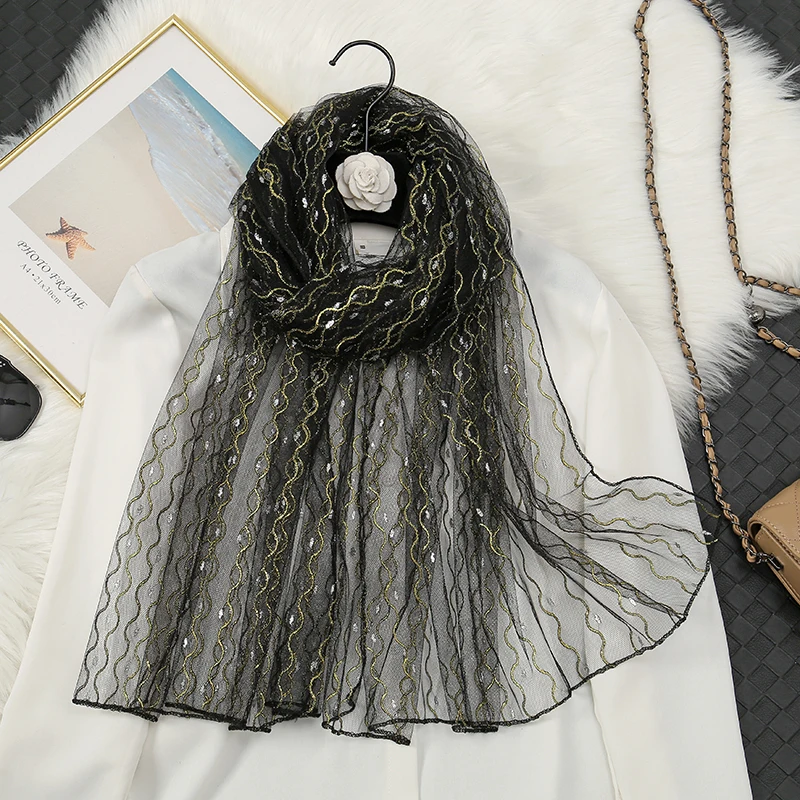 Top Trends: Lightweight Organza Scarf Shawls Through Glitter Evening Party Tippet Shimmer Mesh Stoles Sliver Gold Scarves Lace Woman Veils Shoppable Styles