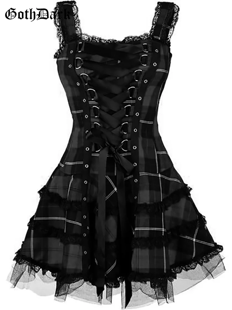 Top Trends: Goth Dark Plaid Bandage Gothic Women A-line Dresses Grunge Aesthetic Lace Trim Patchwork Mini Dress Punk Bodycon Sexy Partywear Shoppable Styles