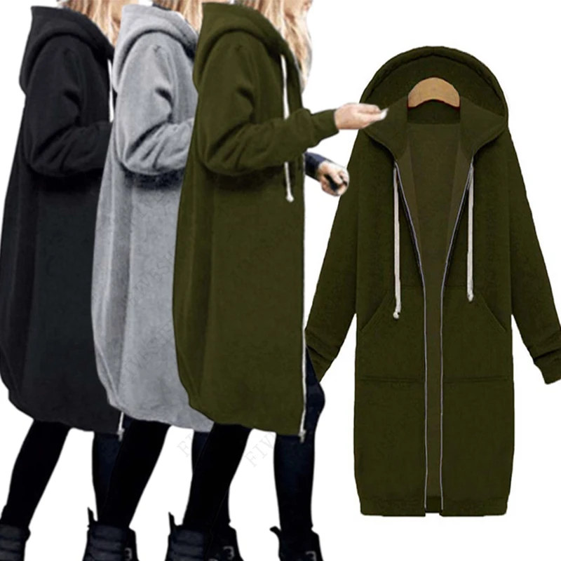 Top Trends: Autumn Winter Casual Women Long Hoodies Sweatshirt Coat Zip Up Outerwears Hooded Jacket Winter Pockets Large Size Outwear Tops Shoppable Styles