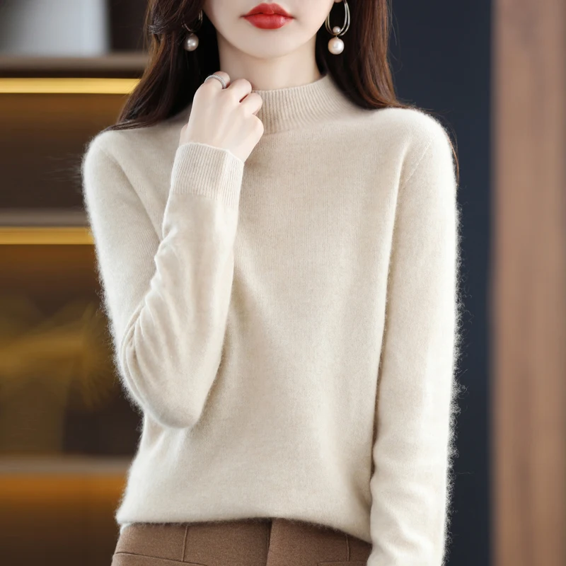 Top Trends: 2024 Autumn / Winter New Pure Woolen Sweater Women's Pullover Sweater Half High Neck Long Sleeve Simple Loose Seamless Solid Color Shoppable Styles