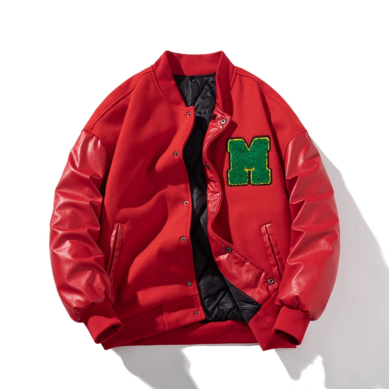 Top Trends: Men Varsity Jacket Winter Women Letter Fashion Baseball Jacket Leather Sleeve Motorcycle Coat Button College Warm Parkas Red Shoppable Styles