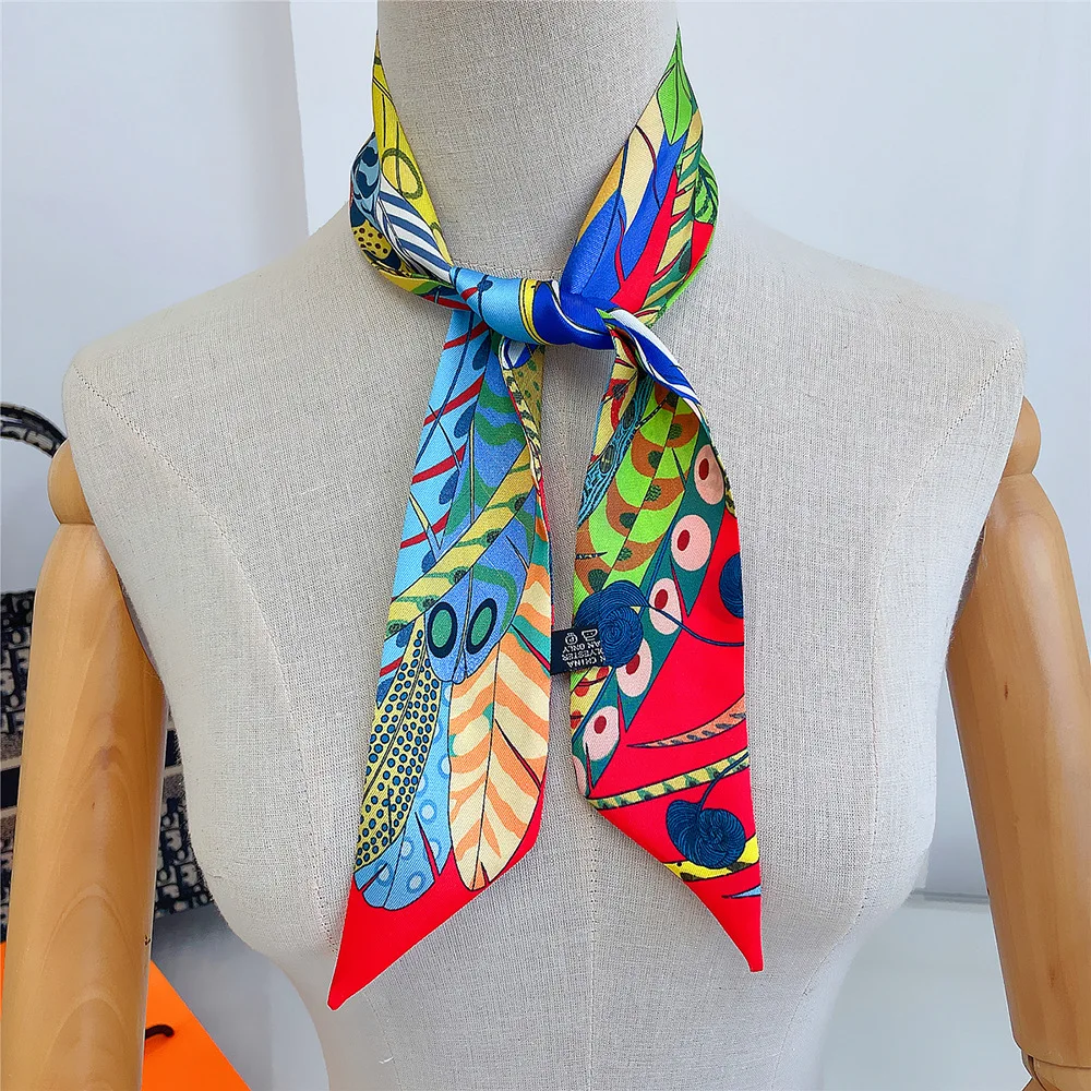 Top Trends: Fashion Skinny Small Silk Scarf Women Luxury Feather Print Headband Women's Bags Accessories Long Striped Neck Scarf Shawl Shoppable Styles