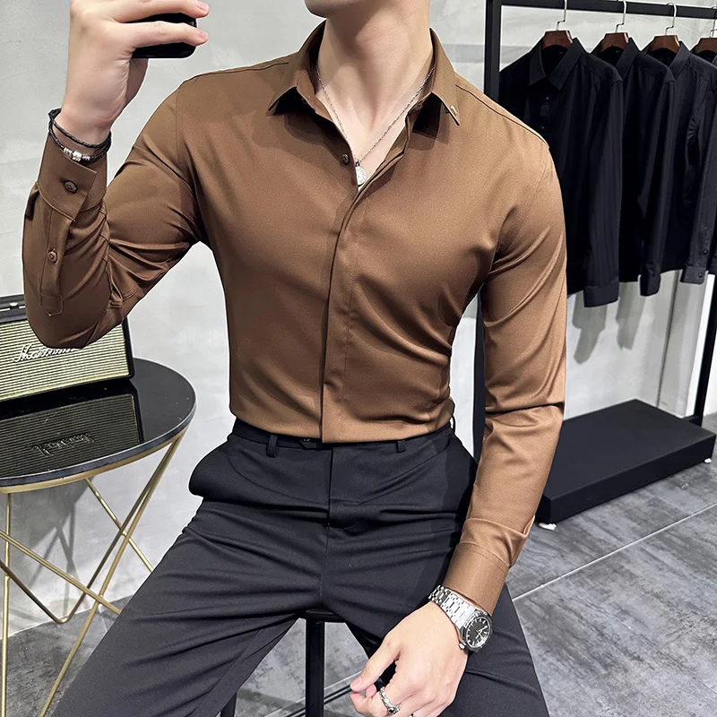 Top Trends: High Quality Solid Dress Shirt Men Simple Long Sleeve Slim Fit Business Shirts Homme Social Casual Shirt Plus Size 4XL-M Shoppable Styles