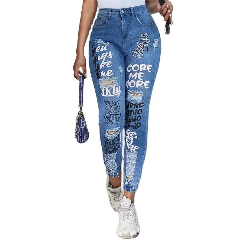 Top Trends: Fashion Alphabet Print Stretch Leg Pencil Jeans Women Trend Broken Holes Denim Pants Female Slim Mid Waist Button Chic Trousers Shoppable Styles