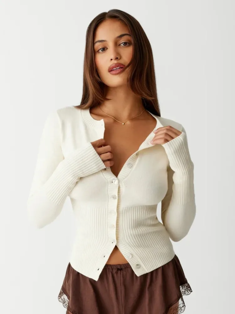 Top Trends: JULISSA MO Long Sleeve Knitted Single-breasted Buttons Cardigan Sweater Women Crew Skinny Versatile Ribbed Woolen Bottom Top Shoppable Styles