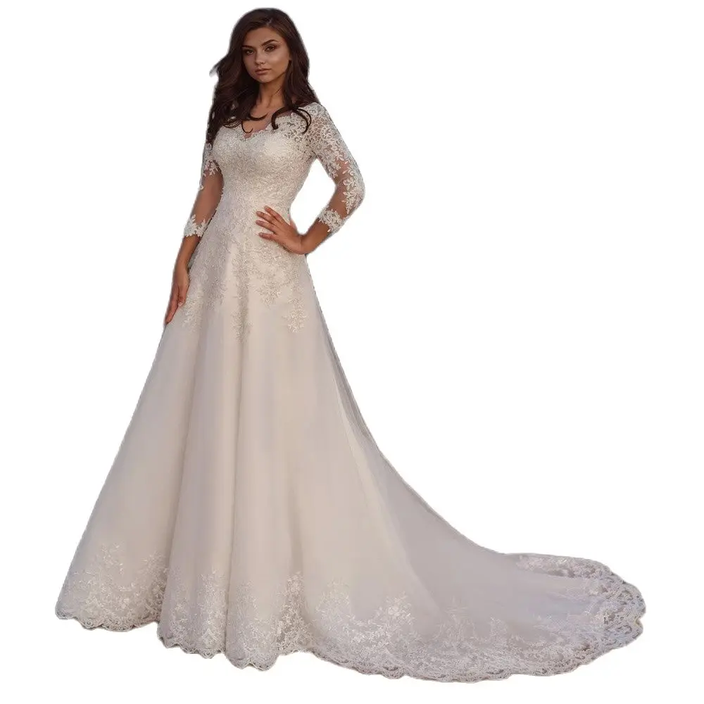 Top Trends: Long Wedding Dress Eleagnt Long Sleeves V Neck Lace Appliques A Line Tulle Sweep Train Bridal For Women Robe De Mariee Summer Shoppable Styles - Image 3