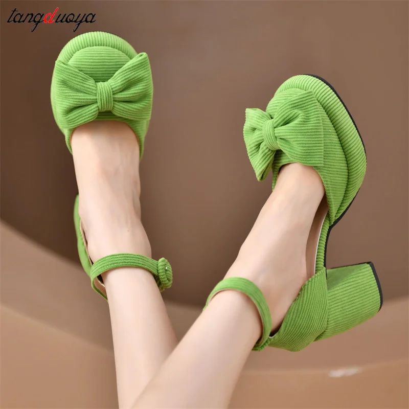 Top Trends: Bows Green Heels Shoes For Women Summer Fashion Square Head Buckle Mary Jane Shoes Outdoor Party Chunky Sandals Zapatos De Tacon Shoppable Styles