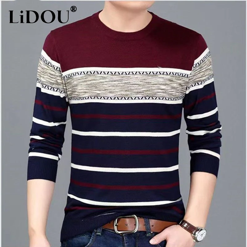 Top Trends: Spring Autumn New Striped Fashion Round Neck Sweater Man High Street Casual Loose Long Sleeve Contrast Color All-match Pullovers Shoppable Styles