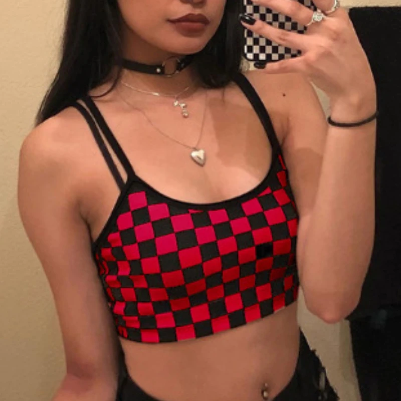 Top Trends: Black Red Plaid Checkerboard Tank Top Halter Women Bare Midriff Crop Tops Camis Fashion Tube Top Female Sleeveless Cropped Vest Shoppable Styles