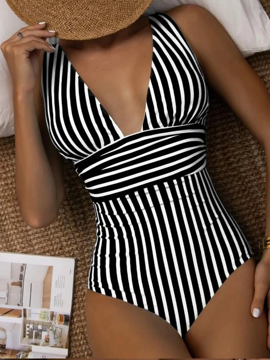 Top Trends: 2023 Striped V-neck One Piece Swimsuit Vintage Padded Swimwear Women Bathing Swimming Suit Female Backless Beachwear Bodysuit Shoppable Styles