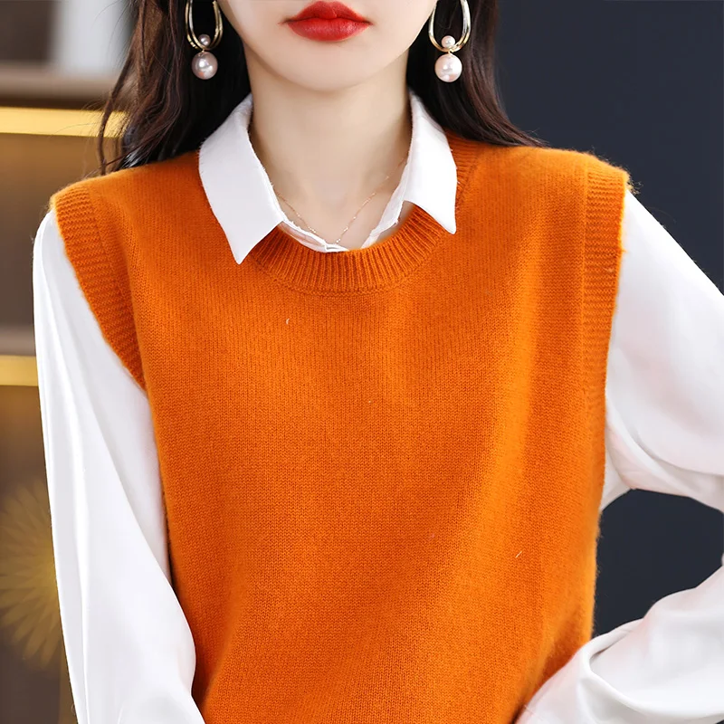 Top Trends: New Round Neck Autumn Winter Sweater Women's Vest Wool Overlapping Waistcoat Solid Color Korean Loose Bottomed Knitwear Trend Shoppable Styles