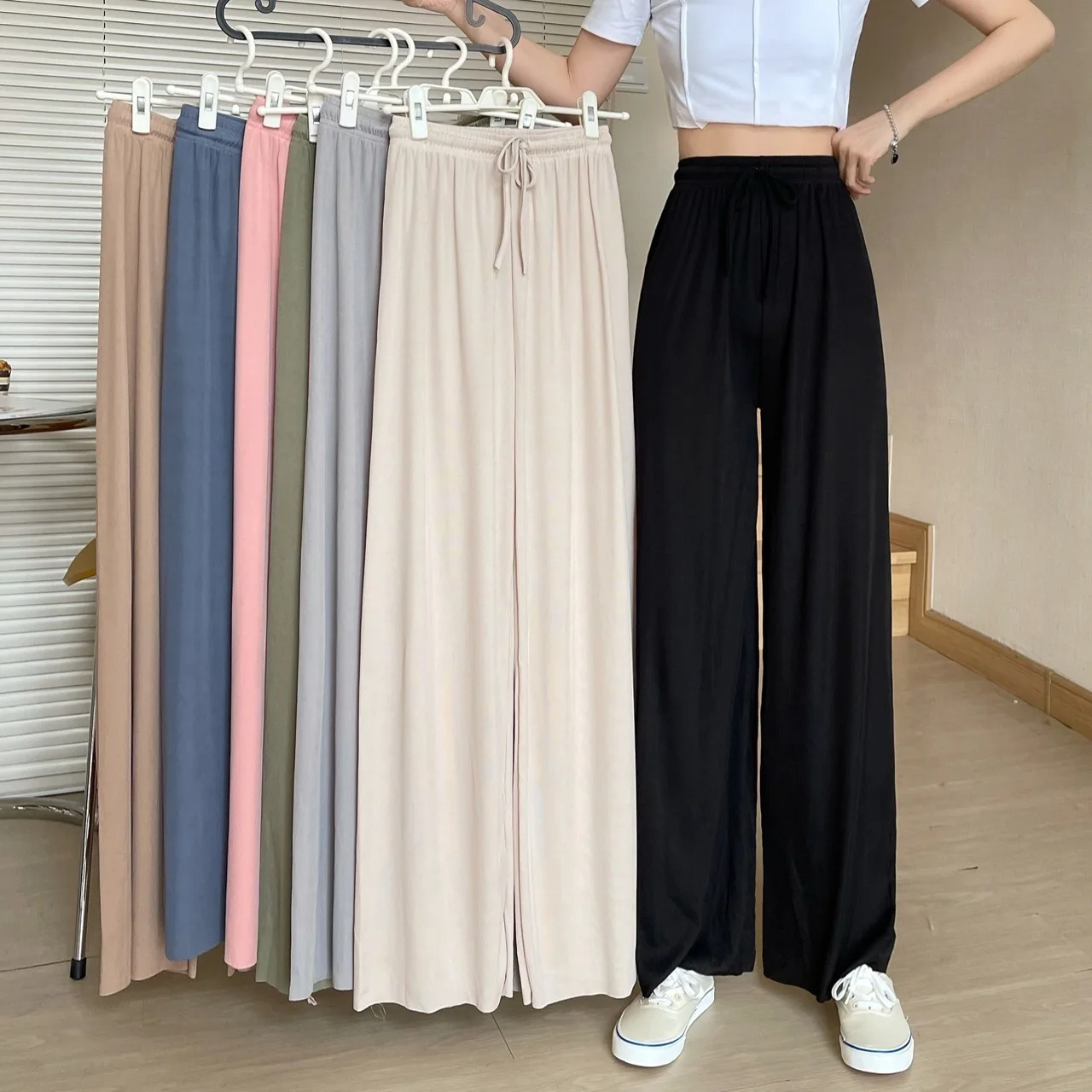 Top Trends: Ice Silk Wide-Leg Pants Tie-dye Women Cool Sweatpants Long Trousers Thin Pleat Loose Straight Pants Lady Casual Drawstring Shoppable Styles