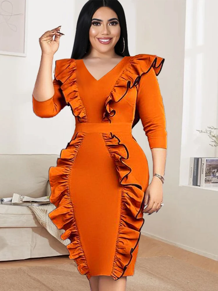 Top Trends: ONTINVA Plus Size Dresses Women Orange V Neck Long Sleeve Ruffles High Waist Bodycon Elegant Ladies Evening Event Party Gowns Shoppable Styles