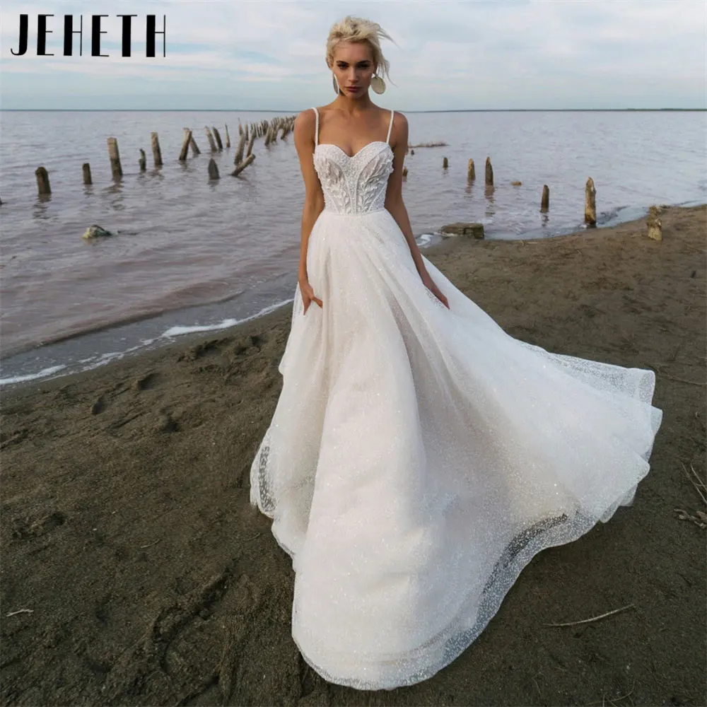 Top Trends: JEHETH Spaghetti Straps A-Line Wedding Dress 2024 Sweetheart Shiny Tulle Bridal Gown Backless Sleeveless Applique Robe De Mariée Shoppable Styles