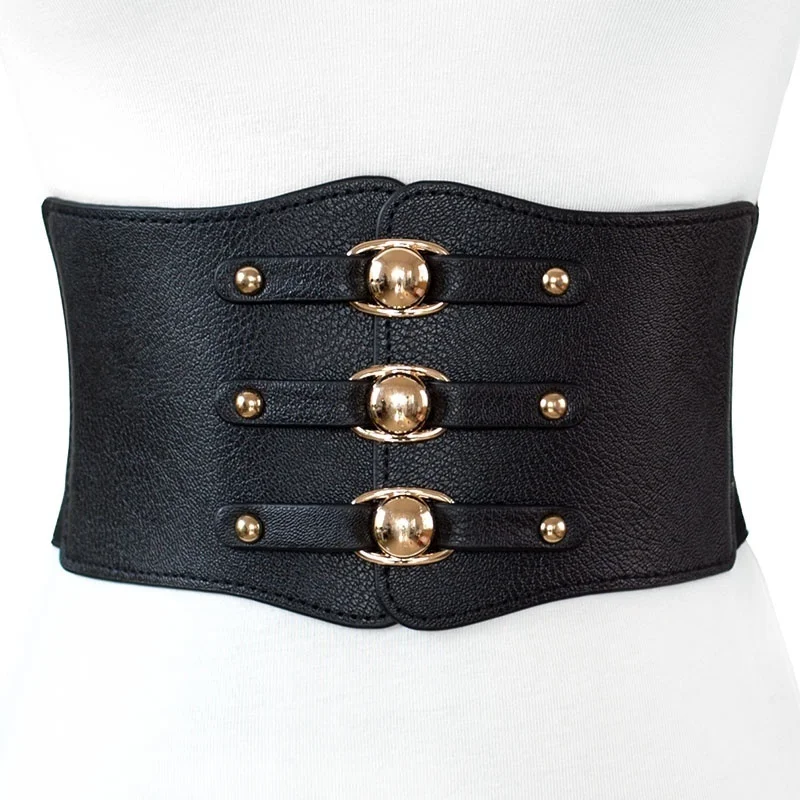 Top Trends: Fashion Women Wide Belt New Metal Buckle Elastic Waistband Leather Rivet Ultra Wide Belt Shoppable Styles