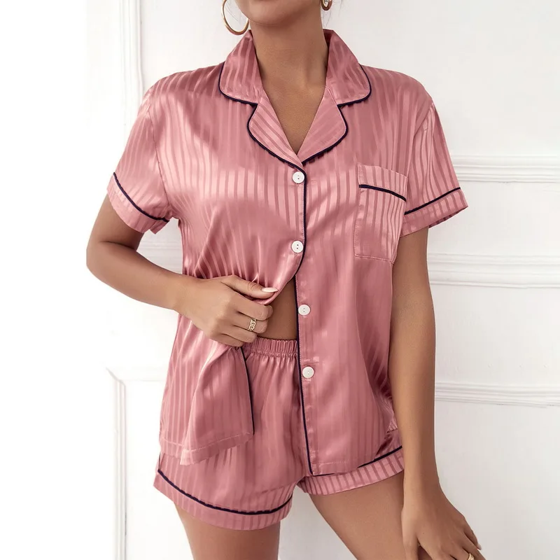 Top Trends: 2023 Women Sleepwear Summer Pajama Set Pink Turn Down Collar Faux Silk Satin Short Sleeve Top+ Shorts Female Pijama Homewear Suit Shoppable Styles