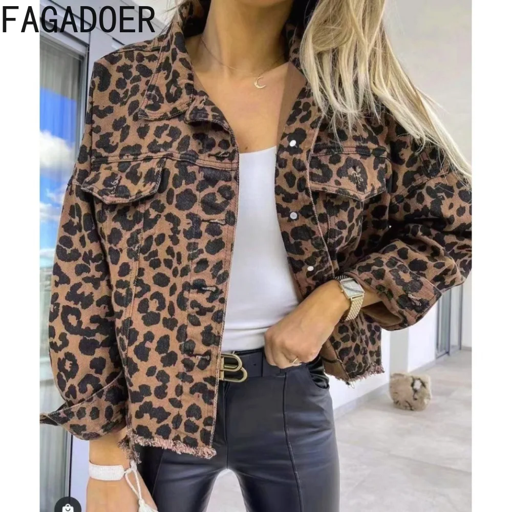 Top Trends: FAGADOER Fashion Leopard Printing Denim Jacket Women Turndown Collar Button Long Sleeve Slim Coats Casual Female Cowboy Top 2024 Shoppable Styles