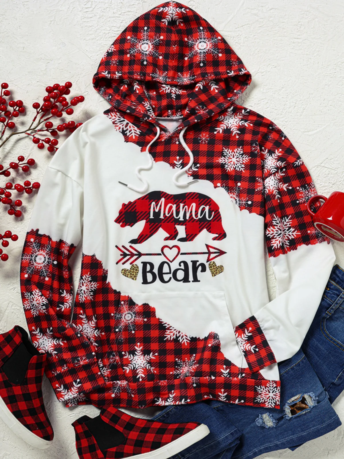 Top Trends: Christmas Mama Bear Snowflake Leopard Plaid Heart Kangaroo Pocket Hoodie Cute Printed Loose Casual Clothing Fashion Sweatshirt Shoppable Styles