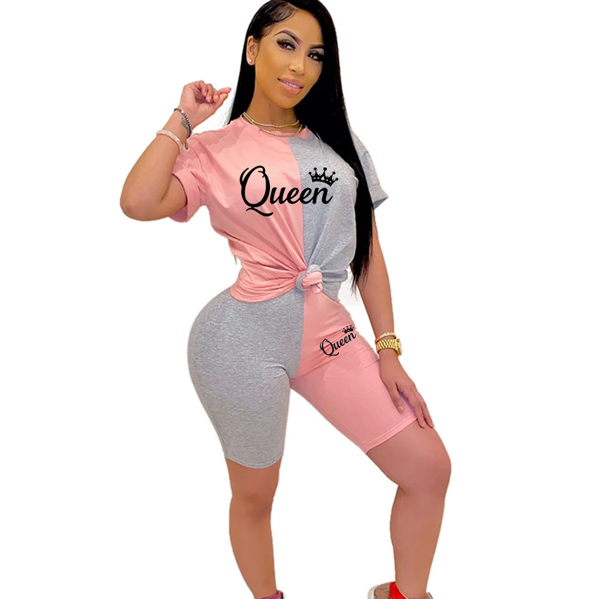 Top Trends: Women 2023 Spring Summer Clothing Fashion Sweatsuits QUEEN Shorts Two Piece Sets Outfits Splicing Short Sleeve Tracksuits Shoppable Styles - Image 5