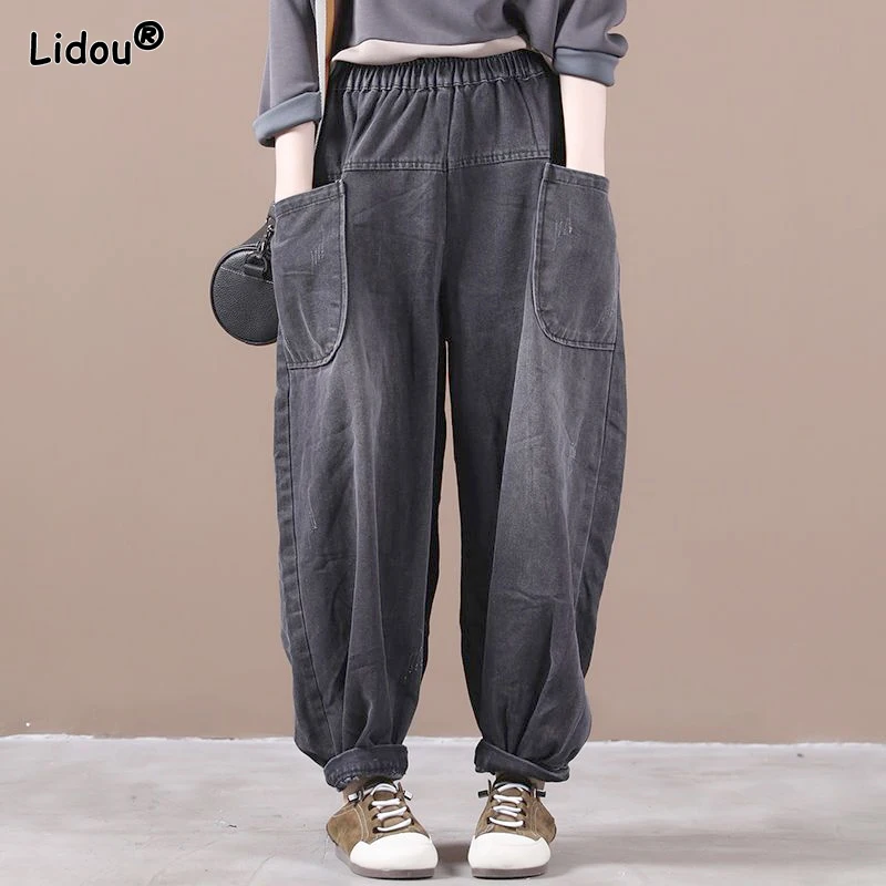 Top Trends: 2023 New Spring And Autumn Simple Fashion Loose Relaxed Oversize High Waist Pocket Strap Solid Color Versatile Women&#039;s Jeans Shoppable Styles