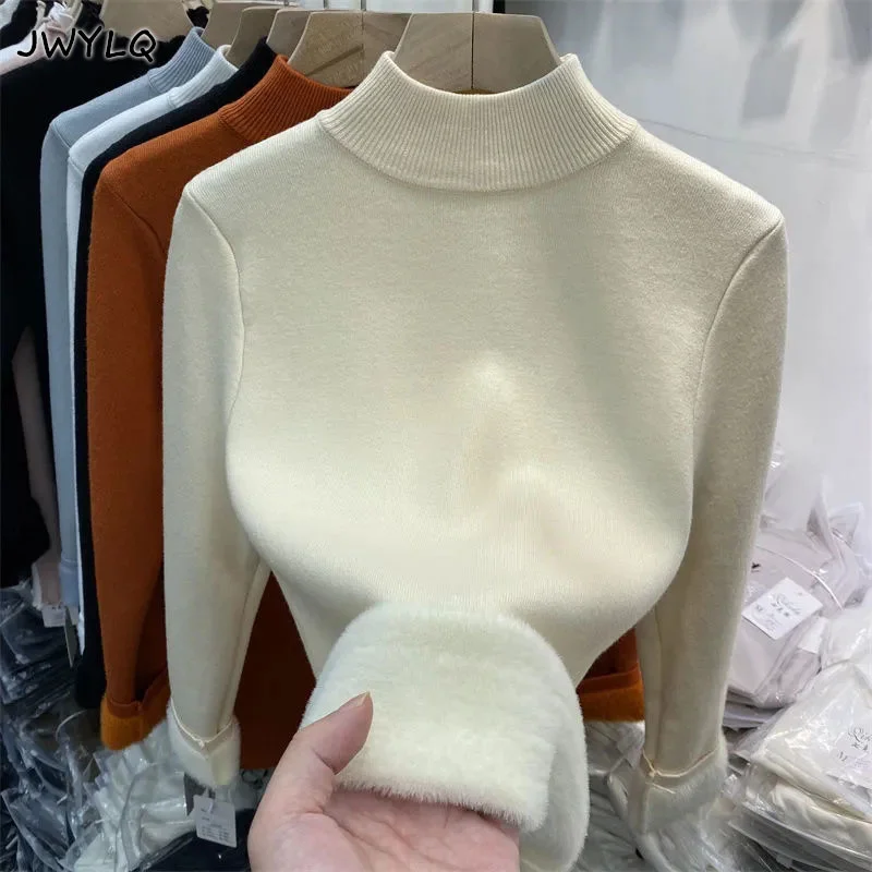 Top Trends: Korean Turtleneck Slim Thicken Knitted Pullovers Woman 2024 Winter Plus Velvet Sweater Casual Fleece Lined Warm Knitwear Tops Shoppable Styles