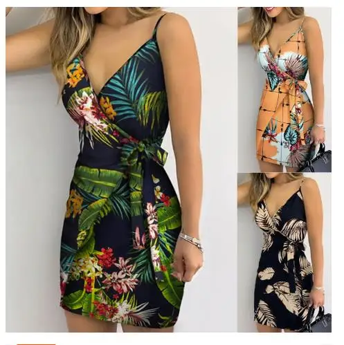 Top Trends: Tropical Print V-Neck Wrap Casual Dress Women Sleeveless Summer Holiday Mini Dress Shoppable Styles