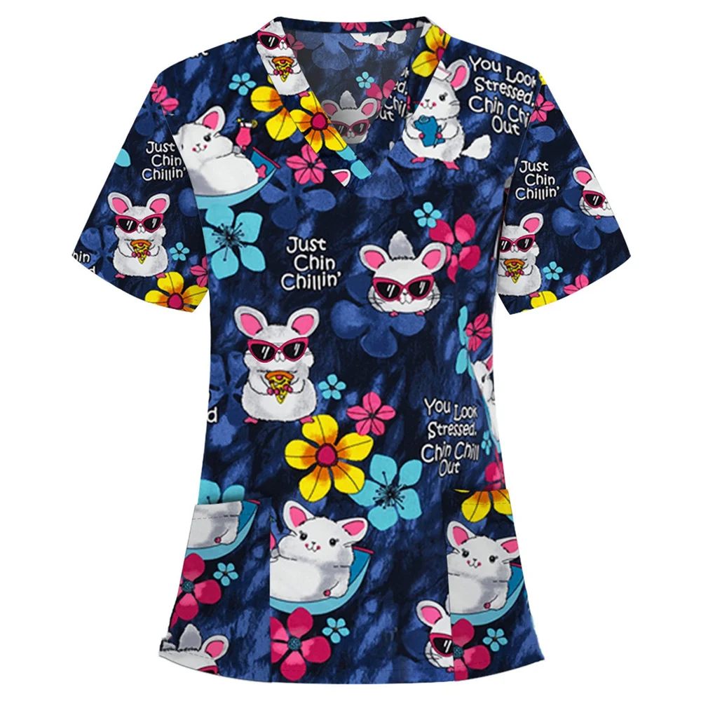 Top Trends: Scrub Tops Women Short Sleeve V-neck Tops Nurse Uniform Cartoon Print Working Blouse Ladies T-shirts Uniforme Enfermera Mujer Shoppable Styles