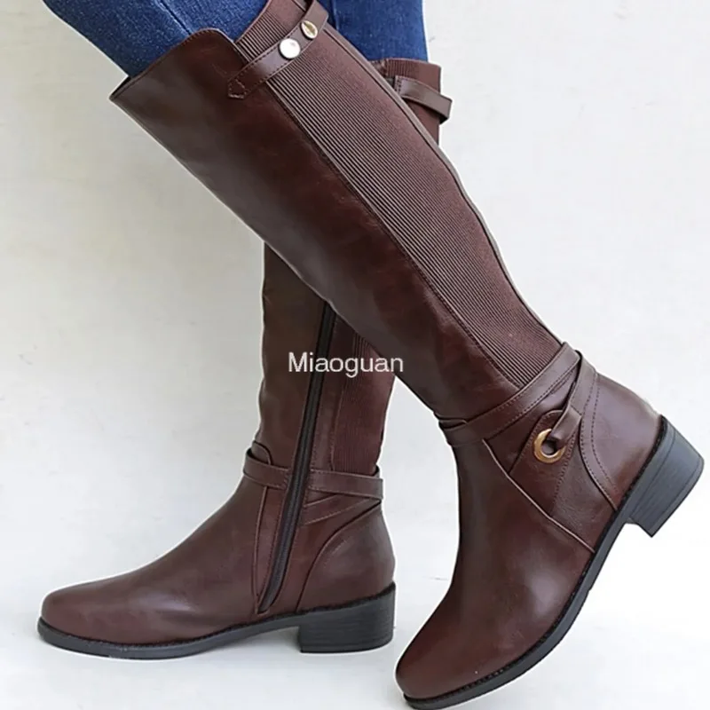 Top Trends: Women's Chunky Heel PU Leather Boots Long Booties Knee High Boots For Ladies Autumn Winter Gothic Shoes Slouchy Woman Wide Calf Shoppable Styles