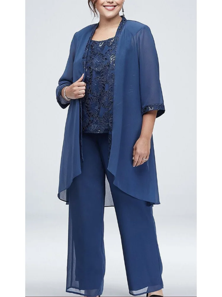 Top Trends: Plus Size Blue 3Pieces Outfit Set For Wedding Mother Of The Bride Dress 3 / 4 Sleeves Chiffon Lace Women Pants Clothing For Woman Shoppable Styles