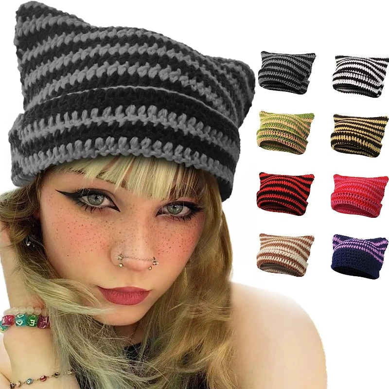 Top Trends: Japanese Beanie Hat For Women Little Devil Striped Knitted Wool Cap Autumn And Winter Cute Cat Ears Warmer Bonnet Casual Cap Shoppable Styles