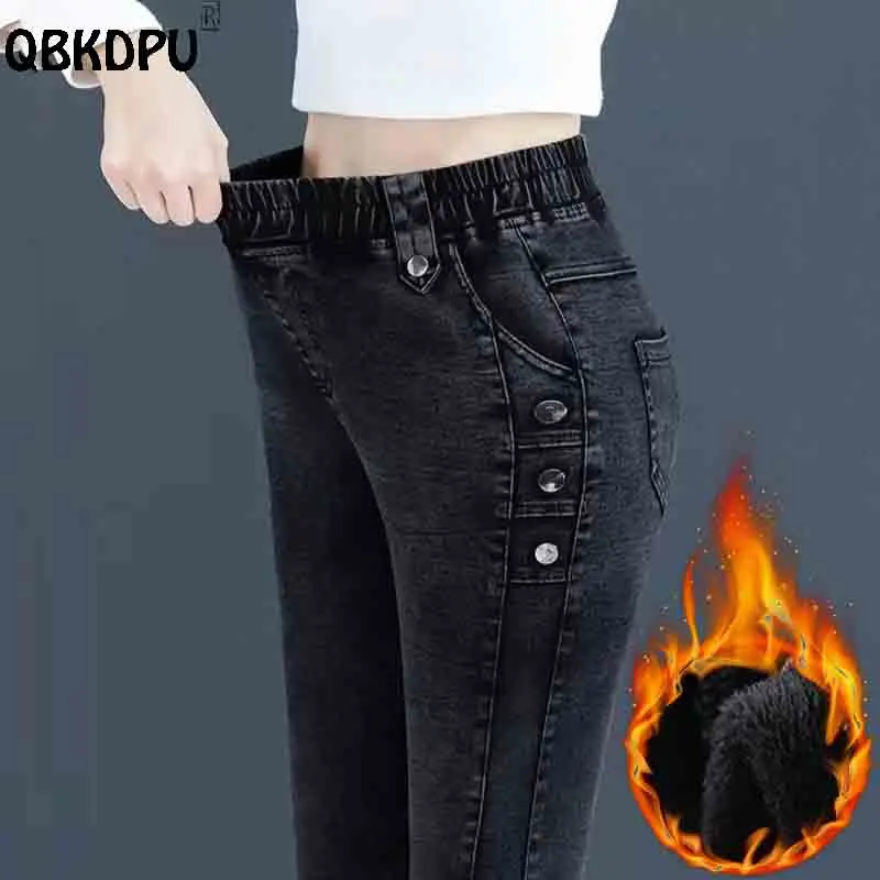 Top Trends: High Waist Winter Stretch Jeans Women Velvet Lined Vintage Wash Slim Pencil Vaqueros Oversize 32 Thicken Warm Skinny Denim Pants Shoppable Styles