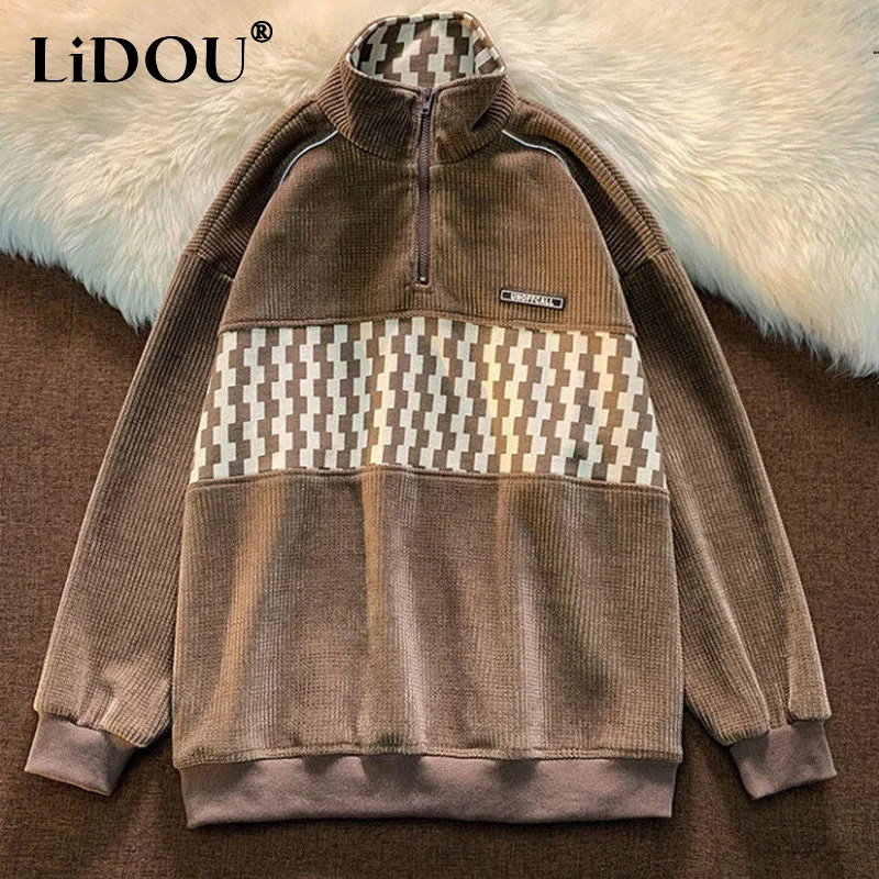 Top Trends: Autumn Winter Fashion Patchwork Plaid Oversized Harajuku Sweatshirts Men Half Zip Polo Collar Pullover Tops Chic Male Streetwear Shoppable Styles