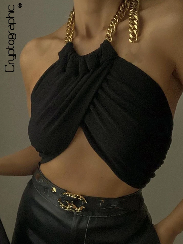 Top Trends: Cryptographic Summer Fashion Chic Halter Chain Crop Tops For Women Backless Cropped Feminino Black Wrap Top 2022 Streetwear Shoppable Styles