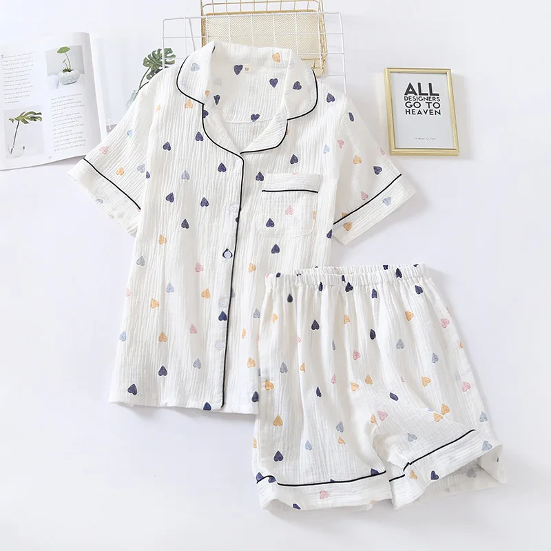 Top Trends: Japanese Summer New Ladies Cotton Gauze Short Sleeve Shorts Pajamas Suit Cute Heart-shaped Thin Section Home Service Suit Woman Shoppable Styles