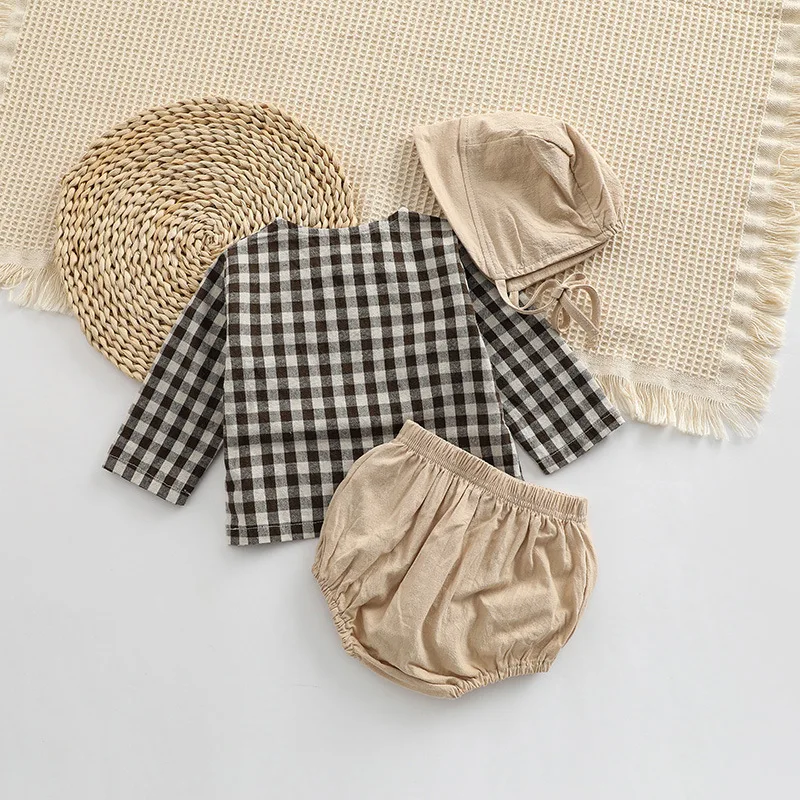 Top Trends: 2023 Autumn Spring Newborn Baby Girls Boys Full Sleeve Plaid Top Shirts+ shorts+ hat Infant Kids 100% Cotton Clothing Set 3pcs Shoppable Styles - Image 5