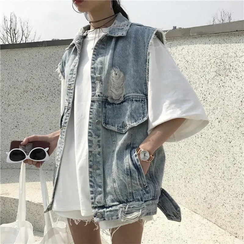 Top Trends: Women's Ripped Denim Vest Sleeveless Top Coat Korean Fashion Streetwear Retro Loose Spring Summer Autumn Student Jacket New Shoppable Styles