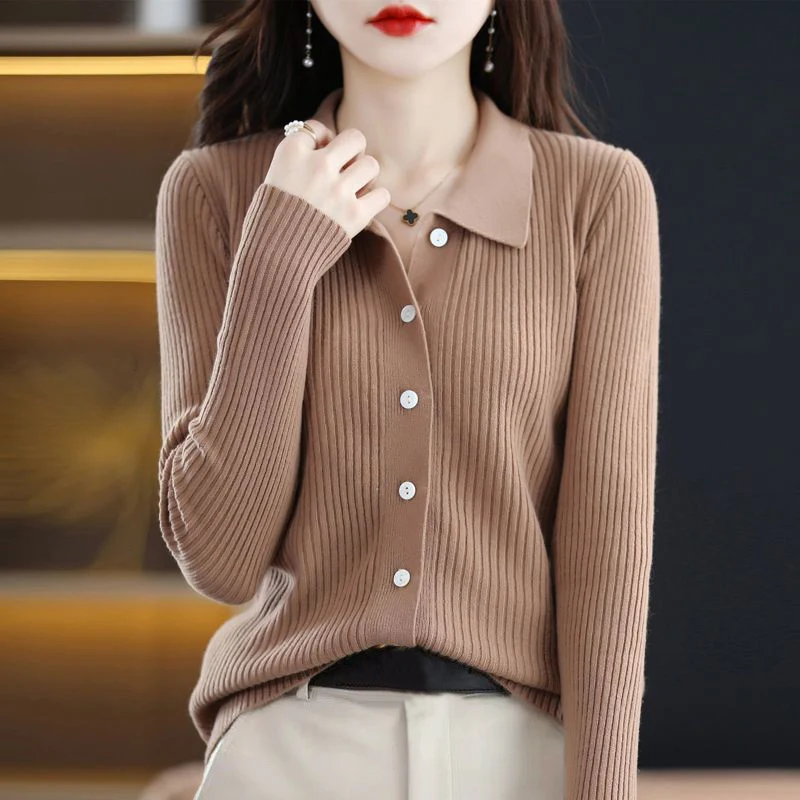 Top Trends: Autumn Winter 2022 New Polo Collar Slim Ladies Tops Fashion Casual Long Sleeve Chic Sweet Buttons Knitted Cardigan Sweater Women Shoppable Styles