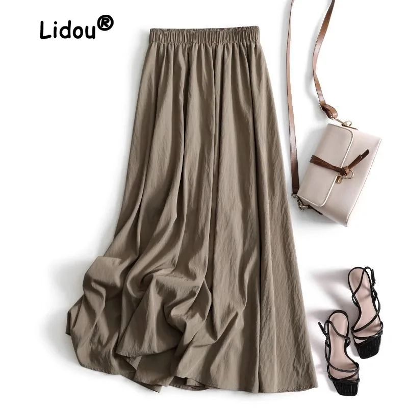 Top Trends: Fashion Solid Color Thin Ventilate A-word Swing Skirt Women High Waist Loose Cool Feeling Silky Smoothness Pleated Lady Shirt Shoppable Styles