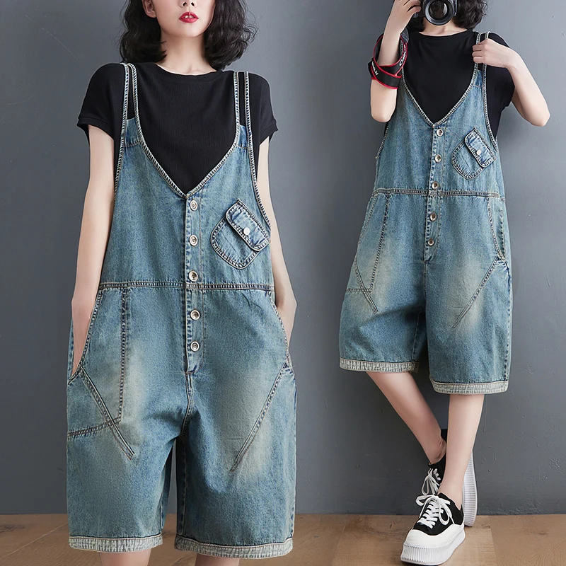 Top Trends: Loose Big Size Wide Leg Denim Overalls For Women Casual Oversized Summer Short Jumpsuits Baggy Bib Pants Straps Jeans Dungarees Shoppable Styles