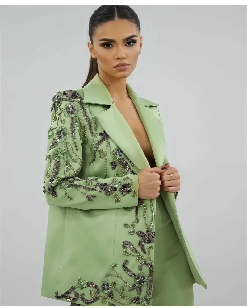 Top Trends: Designer Green Women Suits Set Luxury Beads Appliques Formal Wedding Evening Party Prom Dress 2 Pieces Blazer+ Pants Custom Made Shoppable Styles - Image 3